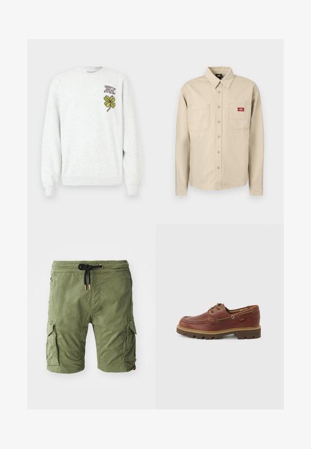 Grauer Pullover aus strukturiertem Stoff mit Rundhalsausschnitt, langen Ärmeln und grünem Vierblättrigen Kleeblatt-Grafik- und Textdesign auf der Brust.; Beige-weiß gestreiftes Hemd mit langen Ärmeln zum Knöpfen, mit Kragen, zwei Brusttaschen und einem roten Dickies-Logo-Patch auf der rechten Tasche.; Olivegrüne Baumwoll-Cargo-Shorts mit seitlichen Taschen, einem Kordelzugbund mit goldfarbenen Beschlägen und einer weichen, strukturierten Oberfläche.; Brauner Leder-Bootsschuh mit Schnürung, beige Sohle, rundem Zehenbereich und genähter Mokassin-Zehenpartie vor weißem Hintergrund.