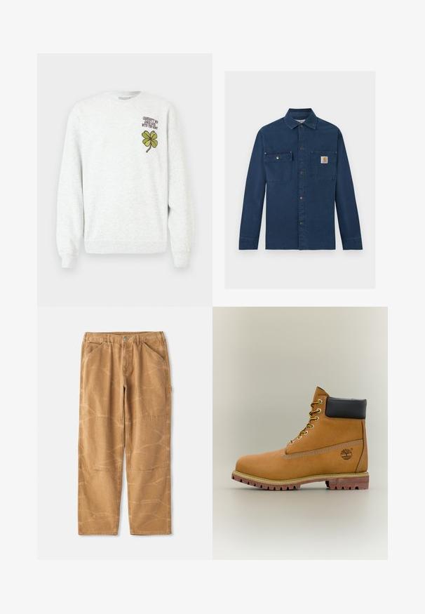 Sweat-shirt gris en tissu texturé, doté d'un col rond, de manches longues, avec un motif graphique de trèfle à quatre feuilles vert et un texte sur la poitrine.; Chemise de travail en velours côtelé bleu marine avec manches longues, fermeture à boutons-pression, deux poches poitrine et petit logo Carhartt sur la poche droite.; Pantalons en coton beige avec une coupe ample, présentant des coutures visibles, des détails en patch et une texture légèrement froissée.; Bottine en cuir marron avec col noir, lacets jaunes et semelle beige. Présente un logo et des détails de couture blanche. Semelle extérieure à traction robuste.