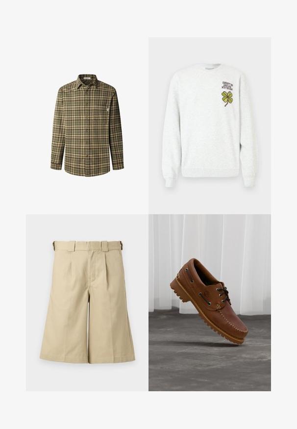 Sudadera gris de tela texturizada, con cuello redondo, mangas largas, y un diseño gráfico de trébol de cuatro hojas verde acompañado de texto en el pecho.; Camisa abotonada en patrón de cuadros en verde y marrón, de mangas largas, con cuello, bolsillo en el pecho, fabricada en un tejido de algodón texturizado y con botones marrones.; Pantalones cortos beige hasta la rodilla con pliegues en la parte delantera, trabillas para cinturón, bolsillos laterales y un diseño limpio y a medida.; Zapato náutico de cuero marrón con cordones negros, costuras beige y una suela resistente, suspendido sobre un suelo de hormigón gris.