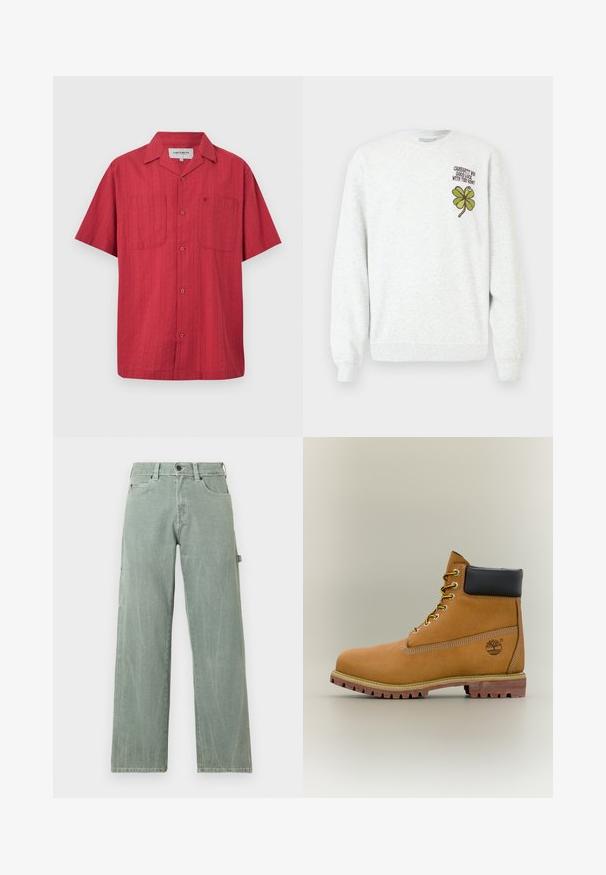 Sweat-shirt gris en tissu texturé, doté d'un col rond, de manches longues, avec un motif graphique de trèfle à quatre feuilles vert et un texte sur la poitrine.; Chemise rouge à manches courtes avec boutons-pression, deux poches poitrine dont une avec un logo discrètement brodé, et un col style camp.; Jean large couleur vert clair en denim, avec un design classique à cinq poches et des détails subtilement usés.; Bottine en cuir marron avec col noir, lacets jaunes et semelle beige. Présente un logo et des détails de couture blanche. Semelle extérieure à traction robuste.