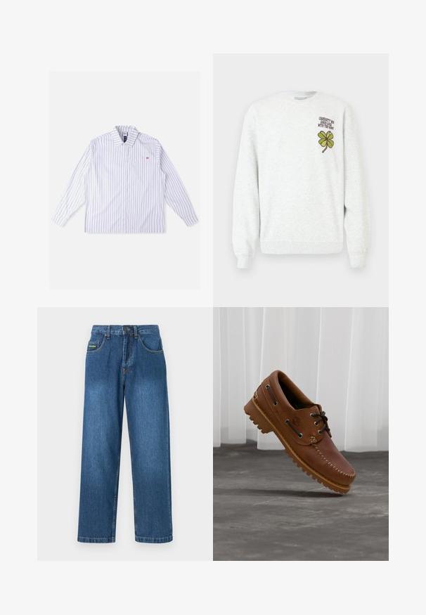 Sudadera gris de tela texturizada, con cuello redondo, mangas largas, y un diseño gráfico de trébol de cuatro hojas verde acompañado de texto en el pecho.; Camisa blanca de manga larga con rayas verticales azules, cierre de botones en la parte delantera, cuello, bolsillo en el pecho izquierdo y detalle de logo rojo. Tela suave y tejida.; Vaqueros de mezclilla en un lavado azul medio, con un diseño de pierna recta, cinco bolsillos y acentos de costura amarilla.; Zapato náutico de cuero marrón con cordones negros, costuras beige y una suela resistente, suspendido sobre un suelo de hormigón gris.