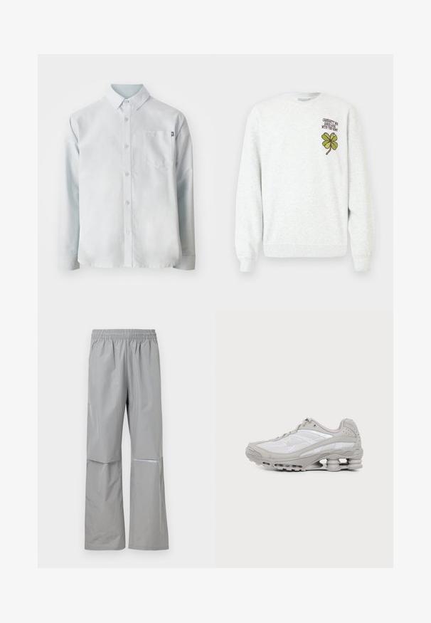 Sivá mikina z textúrovaného materiálu, s okrúhlym výstrihom, dlhými rukávmi a potlačou zeleného štvorlístka a textu na hrudi.; New Balance OXFORD - Košeľa - blue; Svetlosivé nepremokavé nohavice s elastickým pásom a reflexnou páskou na pravej nohe, určené na vonkajšie použitie.; Šedá a biela športová teniska s viditeľnou podrážkou s vzduchovou vložkou a sieťovinovými panelmi, zobrazená v profile na jednoduchom svetlom pozadí.