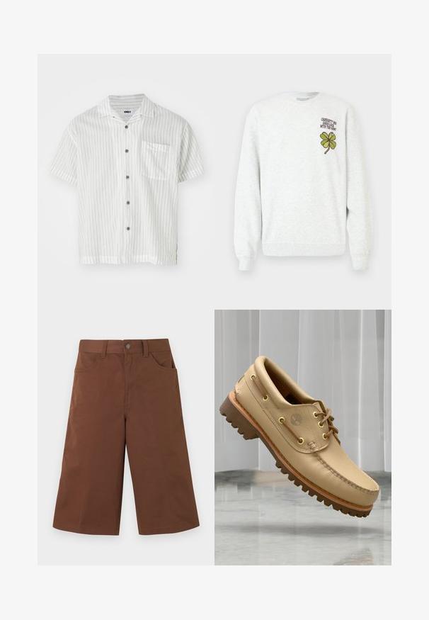 Sudadera gris de tela texturizada, con cuello redondo, mangas largas, y un diseño gráfico de trébol de cuatro hojas verde acompañado de texto en el pecho.; Camisa de botones de manga corta en blanco con finas rayas verticales negras, bolsillo en el pecho y botones grises; tela ligera con textura suave.; Pantalones cortos marrones hasta la rodilla, de pierna ancha, con bolsillos delanteros y cierre de botón en la cintura, sobre un fondo liso.; Zapato náutico de cuero marrón claro con suela gruesa y estriada y detalles de cordones, flotando sobre un suelo de mármol y un fondo de persianas verticales blancas.