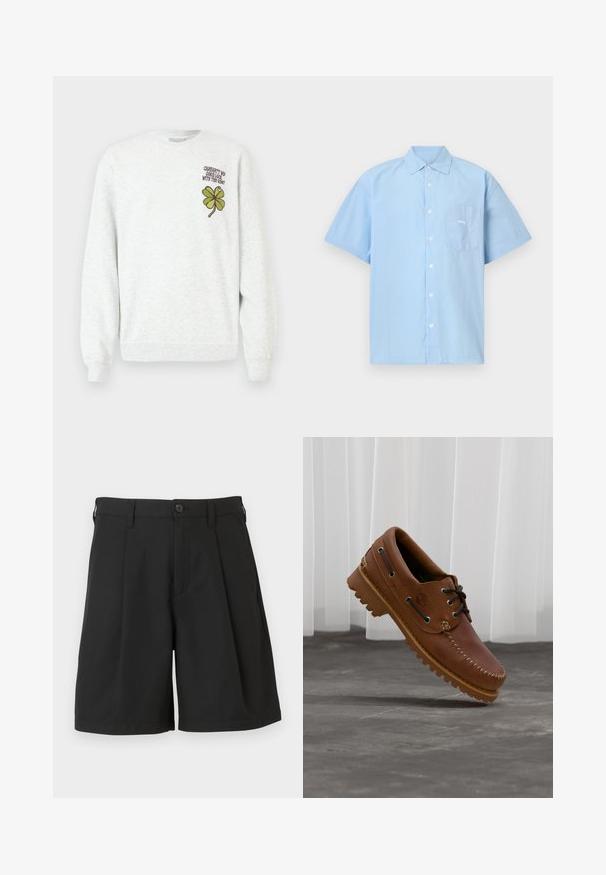 Sweat-shirt gris en tissu texturé, doté d'un col rond, de manches longues, avec un motif graphique de trèfle à quatre feuilles vert et un texte sur la poitrine.; Chemise à manches courtes bleu clair en coton, boutonnée sur le devant. Elle comporte une poche poitrine avec le mot "obey" brodé en blanc.; Shorts noirs en tissu lisse, avec une coupe structurée, des plis à l'avant et une fermeture par un bouton unique à la taille.; Chaussure de bateau en cuir marron avec des lacets noirs, des coutures beiges et une semelle robuste, suspendue au-dessus d'un sol en béton gris.