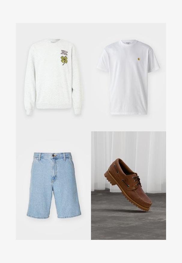 Grijze trui gemaakt van gestructureerde stof, met een ronde hals, lange mouwen, en een groene vierbladige klaver graphic en tekstontwerp op de borst.; Witte katoenen t-shirt met korte mouwen en ronde hals, voorzien van een klein gouden logo op de linkerkant van de borst. Zachte textuur en een normale pasvorm.; Lichtblauwe denim shorts met een relaxte pasvorm, voorzien van een ritssluiting, knoopsluiting en vier zakken. De stof heeft een zachte textuur.; Bruine leren bootschoen met zwarte veters, beige stiksel en een robuuste zool, zwevend boven een grijze betonnen vloer.