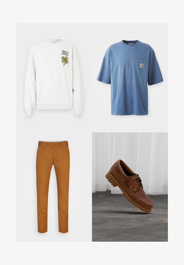 Sudadera gris de tela texturizada, con cuello redondo, mangas largas, y un diseño gráfico de trébol de cuatro hojas verde acompañado de texto en el pecho.; Camiseta de algodón azul con cuello redondo, mangas cortas y un bolsillo en el pecho izquierdo que presenta un parche con el logo. Textura suave y corte relajado.; Pantalones de algodón marrones con corte recto, bolsillos frontales y una textura limpia y suave. Presentan trabillas para cinturón y detalles de costura discretos.; Zapato náutico de cuero marrón con cordones negros, costuras beige y una suela resistente, suspendido sobre un suelo de hormigón gris.