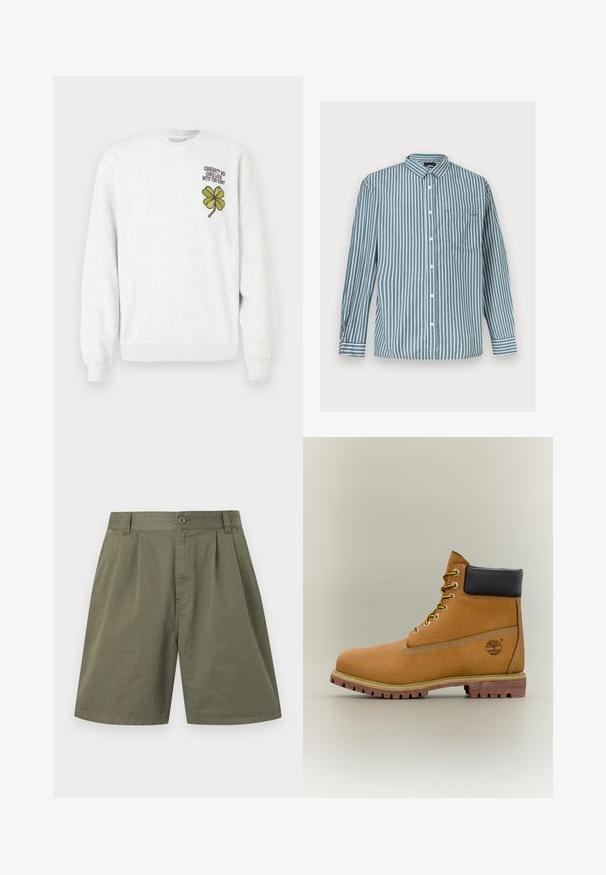 Sweat-shirt gris en tissu texturé, doté d'un col rond, de manches longues, avec un motif graphique de trèfle à quatre feuilles vert et un texte sur la poitrine.; Chemise pour homme à manches longues avec boutons, rayures verticales vertes et blanches, et une poche poitrine, posée à plat sur un fond clair.; Shorts en coton vert olive jusqu'aux genoux avec plis sur le devant, passants pour ceinture, poches latérales, fermeture à bouton et braguette zippée.; Bottine en cuir marron avec col noir, lacets jaunes et semelle beige. Présente un logo et des détails de couture blanche. Semelle extérieure à traction robuste.