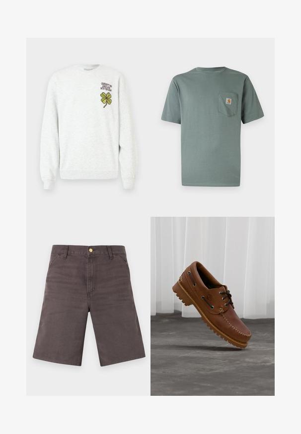 Sweat-shirt gris en tissu texturé, doté d'un col rond, de manches longues, avec un motif graphique de trèfle à quatre feuilles vert et un texte sur la poitrine.; T-shirt vert clair à manches courtes en coton avec une poche poitrine ornée d'un écusson logo. Texture douce et col rond classique.; Shorts gris foncé longueur genou avec poches avant, passants pour ceinture et fermeture à bouton métallique sur un fond clair.; Chaussure de bateau en cuir marron avec des lacets noirs, des coutures beiges et une semelle robuste, suspendue au-dessus d'un sol en béton gris.