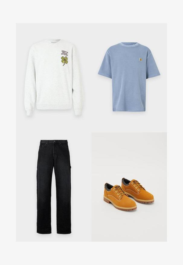Grå sweatshirt lavet af tekstureret stof med rund halsudskæring, lange ærmer samt et grønt firekløver-grafisk motiv og tekstdesign på brystet.; Lyseblå T-shirt med korte ærmer, tekstureret ribstrikket mønster og broderet logo-patch på venstre bryst. Rund halsudskæring.; Sorte denim jeans med lige ben, der har frontlommer, knaplukning og sidelommer til ekstra opbevaring.; Brune ruskindssko med rund tå, gule snørebånd, en polstret sort krave og gummisåler med skridsikre riller.
