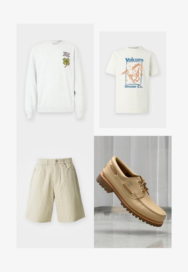 Sweat-shirt gris en tissu texturé, doté d'un col rond, de manches longues, avec un motif graphique de trèfle à quatre feuilles vert et un texte sur la poitrine.; T-shirt en coton blanc avec un graphisme d'un cheval au galop, le texte "Volcom" en bleu, et des étoiles orange dans un contour rectangulaire.; Shorts à carreaux beiges en tissu léger, dotés de deux poches latérales, d'une fermeture à bouton et d'un design décontracté.; Chaussure bateau en cuir marron clair avec semelle épaisse et striée et détails de lacets, flottant au-dessus d'un sol en marbre et d'un fond de stores verticaux blancs.