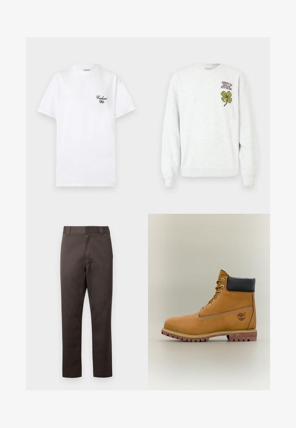 Sweat-shirt gris en tissu texturé, doté d'un col rond, de manches longues, avec un motif graphique de trèfle à quatre feuilles vert et un texte sur la poitrine.; T-shirt blanc à manches courtes avec le logo "Carhartt Wip" en écriture noire sur la poitrine gauche et un col rond.; Chinos en coton marron avec une coupe droite, poches avant, passants pour ceinture, et une texture lisse. Aucun motif ou accent visible.; Bottine en cuir marron avec col noir, lacets jaunes et semelle beige. Présente un logo et des détails de couture blanche. Semelle extérieure à traction robuste.