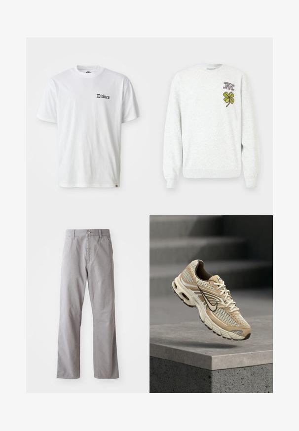 Grauer Pullover aus strukturiertem Stoff mit Rundhalsausschnitt, langen Ärmeln und grünem Vierblättrigen Kleeblatt-Grafik- und Textdesign auf der Brust.; Weißes Baumwoll-T-Shirt mit kurzen Ärmeln und Rundhalsausschnitt. Mit schwarzem "Dickies"-Logo, das auf der linken Brustseite aufgedruckt ist.; Graue Baumwollhosen mit geradem Bein, ausgestattet mit einem vorderen Knopfverschluss und Gürtelschlaufen. Glatte Textur und minimale Details.; Beiger und weißer Nike Laufschuh mit Mesh-Paneelen und schwarzem Swoosh, schwebt über einem Betonsims mit unscharfen Treppen im Hintergrund.
