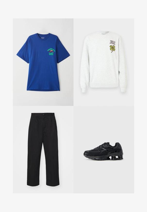 Grijze trui gemaakt van gestructureerde stof, met een ronde hals, lange mouwen, en een groene vierbladige klaver graphic en tekstontwerp op de borst.; Blauw katoenen T-shirt met korte mouwen, voorzien van een bedrukt ontwerp op de linkerborst in groen en rood, met de tekst "Carhartt WIP" en "Pronto Subito".; Zwarte katoenen broeken met een rechte pasvorm, voorzien van een knoopsluiting, twee voorkruiden en een soepele textuur.; Zwarte sportieve schoen met een bovenwerk van mesh, een gevoerde kraag en opvallende dempingstechnologie bij de hiel. Heeft gestructureerde accenten en veters.