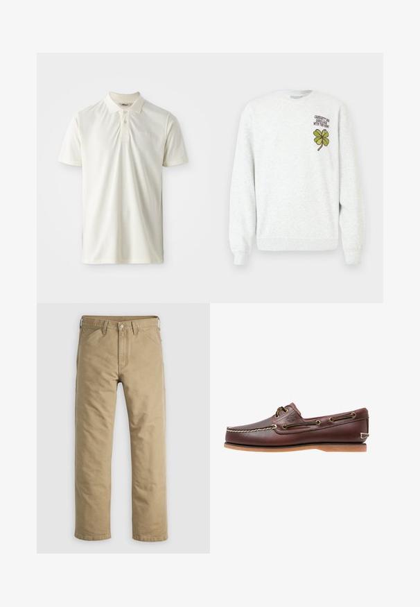 Sweat-shirt gris en tissu texturé, doté d'un col rond, de manches longues, avec un motif graphique de trèfle à quatre feuilles vert et un texte sur la poitrine.; Polo-shirt beige clair en tissu doux, avec un col, un patte de boutonnage à trois boutons et un broderie de logo discrète sur la poitrine.; Pantalon en coton kaki avec un design à jambe droite, poches avant et fermeture par bouton. Texture lisse et coutures renforcées pour une durabilité accrue.; Chaussure bateau en cuir marron avec coutures blanches, détails de lacets et semelle en caoutchouc beige, vue de côté sur fond blanc.
