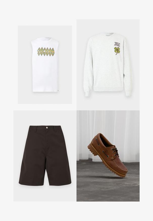Sweat-shirt gris en tissu texturé, doté d'un col rond, de manches longues, avec un motif graphique de trèfle à quatre feuilles vert et un texte sur la poitrine.; T-shirt blanc sans manches avec des motifs triangulaires orange et turquoise et le texte "VOLCOM" sur la poitrine.; Shorts marron foncé en tissu lisse. Comprennent des poches avant, des passants pour ceinture, et un devant plat. Coupe droite avec une longueur jusqu'au genou.; Chaussure de bateau en cuir marron avec des lacets noirs, des coutures beiges et une semelle robuste, suspendue au-dessus d'un sol en béton gris.