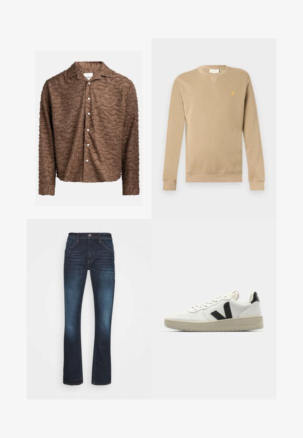 Beige langærmet crewneck-sweatshirt med lille gul fuglelogo på venstre bryst samt ribstrikkede manchetter og kant.; Brun knap-oppet skjorte med strikket svulmønster, letvægtigt stof, lange ærmer og hvide knapper foran til lukning.; Mørkeblå jeans med lige ben lavet af denim, med forlommer, knaplukning og slidte detaljer ved lårene for et worn-out look.; Hvide lædersneakers med sort V-logo, perforeret tå, cremet gummisål, flade snørebånd og minimalistisk design.
