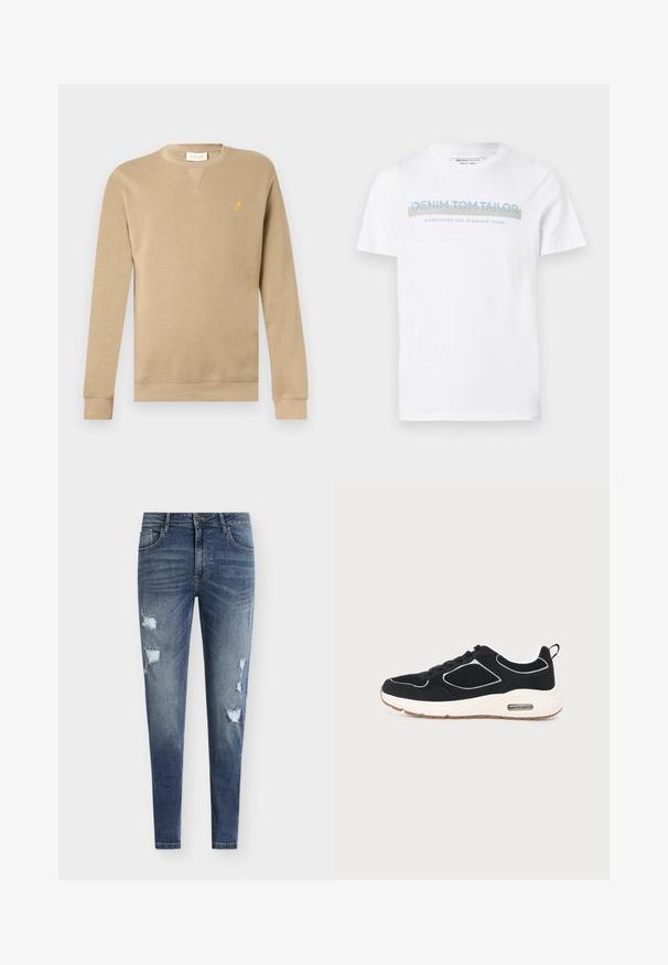 Sweat-shirt beige à manches longues avec col rond, petit logo d'oiseau jaune sur la poitrine gauche, et poignets et ourlet côtelés.; T-shirt en coton blanc avec un col rond, des manches courtes et un design graphique bleu qui affiche "DENIM TOM TAILOR établi en 2007."; Jean en denim bleu coupe skinny avec détails usés, multiples déchirures et effet délavé. Comprend une conception à cinq poches et des passants pour ceinture.; Baskets athlétiques noires et blanches avec panneaux en mesh, semelle intermédiaire blanche avec coussin d'air visible, semelle extérieure en caoutchouc marron et lacets noirs sur fond uni.
