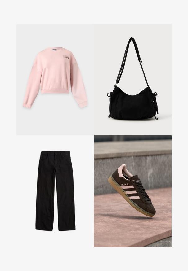 Lichtroze sweatshirt met lange mouwen en ronde hals met New Balance Athletics-logo op de linkerbovenborst.; Zwarte denim broek met een rechte pijp, voor sluiting met knoop en een ontwerp met vijf zakken. Soepele textuur en minimale stikseldetails.; Donkerbruine suède sneaker met roze accenten, met drie roze strepen, een geforceerde zool en een logo aan de zijkant. Klassiek ontwerp met laag profiel.; Zwarte corduroy schoudertas met een gebogen vorm, een verstelbare schouderband en trekkoordsluitingen aan beide zijkanten voor maataanpassing.