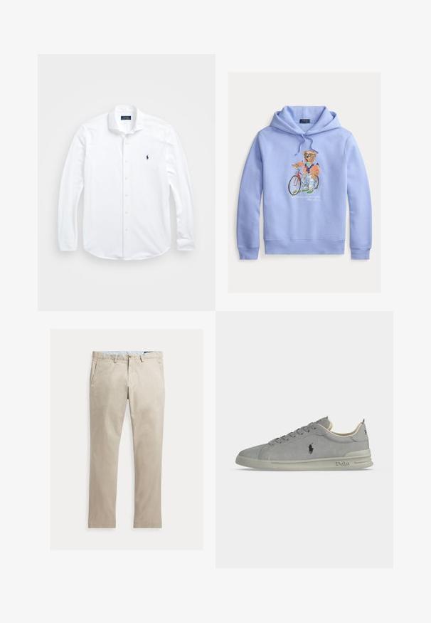 Sweat à capuche bleu clair avec un motif d'un ours à vélo, vêtu d'une tenue colorée. Tissu doux et cordon de serrage ajustable.; Chemise blanche à manches longues en coton. Caractéristiques : col classique, coupe régulière et petit logo bleu marine sur la poitrine.; Pantalon beige en coton à jambes droites, avec poches avant, passants de ceinture, fermeture par bouton et braguette zippée, présenté à plat sur fond blanc.; Baskets basses en daim gris avec logo Polo sur le côté, lacets à l'avant et semelle rembourrée avec marquage Polo sur le talon et le bord de la semelle.