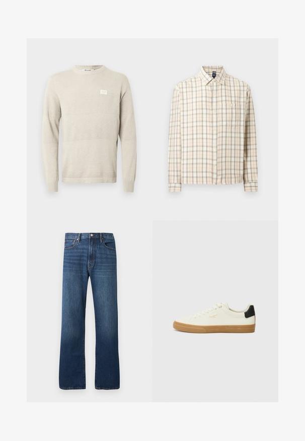 Pull en maille beige clair avec motifs texturés, manches longues et col rond. Comprend une petite étiquette sur la poitrine.; Chemise à manches longues en plaid beige avec fermeture à boutons sur le devant, une poche poitrine unique et un col classique, présentée sur un fond uni.; Jean en denim bleu droit avec un design classique cinq poches et une fermeture par bouton sur un fond clair uni.; Sneaker en toile blanche avec une semelle en gomme, accent au talon noir, bout rond et design à lacets. Présente le logo de la marque en doré sur le côté.