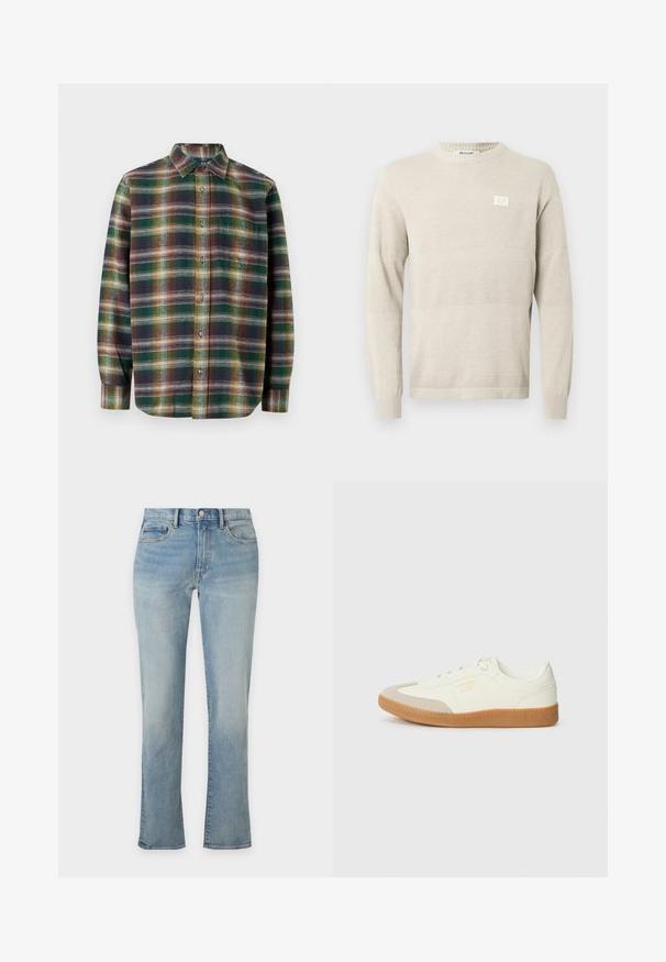 Pull en maille beige clair avec motifs texturés, manches longues et col rond. Comprend une petite étiquette sur la poitrine.; Chemise à manches longues en tartan aux tons vert, bleu marine et orange, avec une fermeture à boutons, un col étalé et un tissu doux et texturé.; Jean droit en denim bleu clair avec cinq poches, passants de ceinture et fermeture par bouton à la taille, présenté sur fond blanc.; Baskets en cuir blanc avec une coque beige et une semelle en caoutchouc marron clair. Dotées de lacets blancs plats et d'un logo embossé sur le côté.