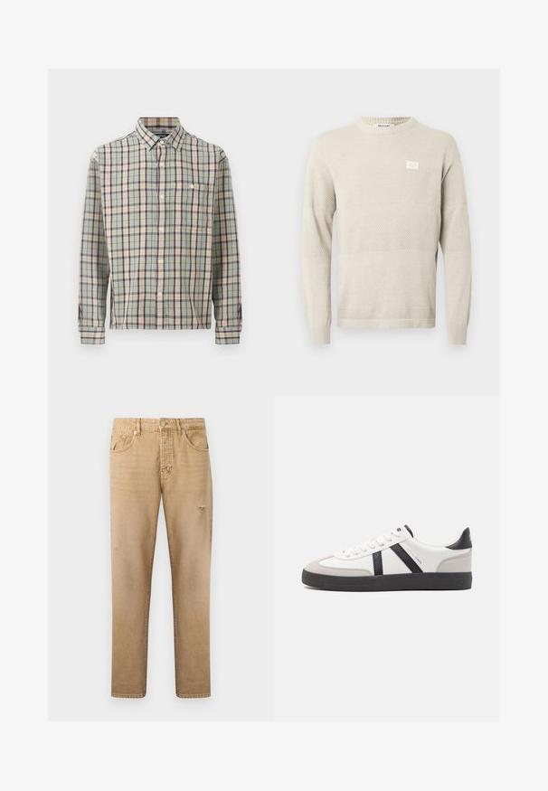 Pull en maille beige clair avec motifs texturés, manches longues et col rond. Comprend une petite étiquette sur la poitrine.; Chemise à manches longues boutonnée avec un motif à carreaux vert, beige et bleu marine, avec une poche poitrine unique sur un fond uni.; Jean beige à jambes droites avec poches avant, passants pour ceinture et détails légèrement usés sur les cuisses et les genoux.; Baskets blanches avec des accents noirs et gris, présentant un embout texturé gris, une semelle en caoutchouc noir et des lacets plats blancs. Design épuré, style minimaliste.