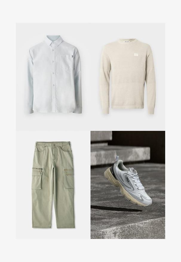 Svetlo béžový pletený sveter s textúrovanými vzormi, dlhými rukávmi a okrúhlym výstrihom. Má malú nášivku na hrudi.; New Balance OXFORD - Košeľa - blue; Khaki cargo nohavice so voľným strihom, vyrobené z bavlny, s dvoma bočnými cargo vreckami a zipsovým vreckom na ľavom stehne.; Biela a béžová teniska značky FILA zavesená nad betónovými schodmi, zobrazujúca bočné a horné detaily dizajnu so šnúrkami a logom.