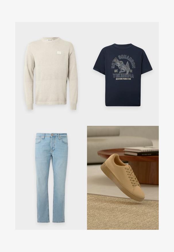 Lysebeige strikket sweater med strukturerede mønstre, lange ærmer og rund hals. Har et lille mærke på brystet.; Mørkeblå bomuld t-shirt med korte ærmer og rund halsudskæring, med et detaljeret ørne-motiv og tekstdesign i lyse farver.; Lyseblå denim jeans med lige pasform, fem lommer og knaplukning i taljen, vist fladt på en hvid baggrund.; Beige snørestøvler, der svæver over et tekstureret tæppe med et træ sofabord og stablede bøger i en sløret baggrund.