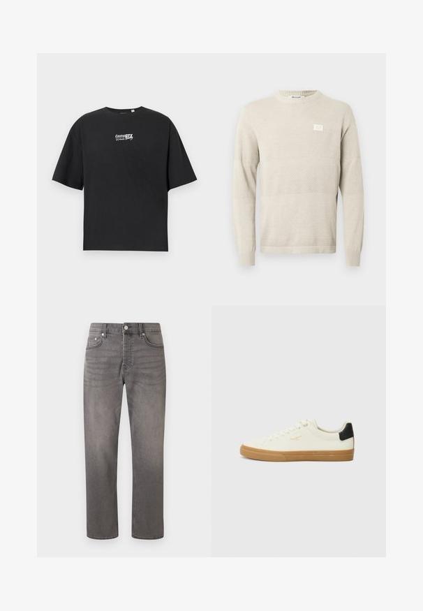 Πλεκτό πουλόβερ σε ανοιχτό μπεζ χρώμα με υφασμένους υφές, μακριά μανίκια και στρογγυλή λαιμόκοψη. Διαθέτει μια μικρή ετικέτα στο στήθος.; Μαύρο κοντομάνικο T-shirt με στρογγυλή λαιμόκοψη και μικρό λευκό λογότυπο "Castrol GTX Racing" στο κέντρο του στήθους.; Γκρι τζιν με ίσια γραμμή, κουμπί μπροστά, φερμουάρ, θηλιές για ζώνη και κλασικός σχεδιασμός με πέντε τσέπες σε λευκό φόντο.; Λευκά καμβά παπούτσια με καουτσούκ σόλα, μαύρη λεπτομέρεια στη φτέρνα, στρογγυλή μύτη και σχέδιο με κορδόνια. Διαθέτει λογότυπο της μάρκας σε χρυσό στο πλάι.