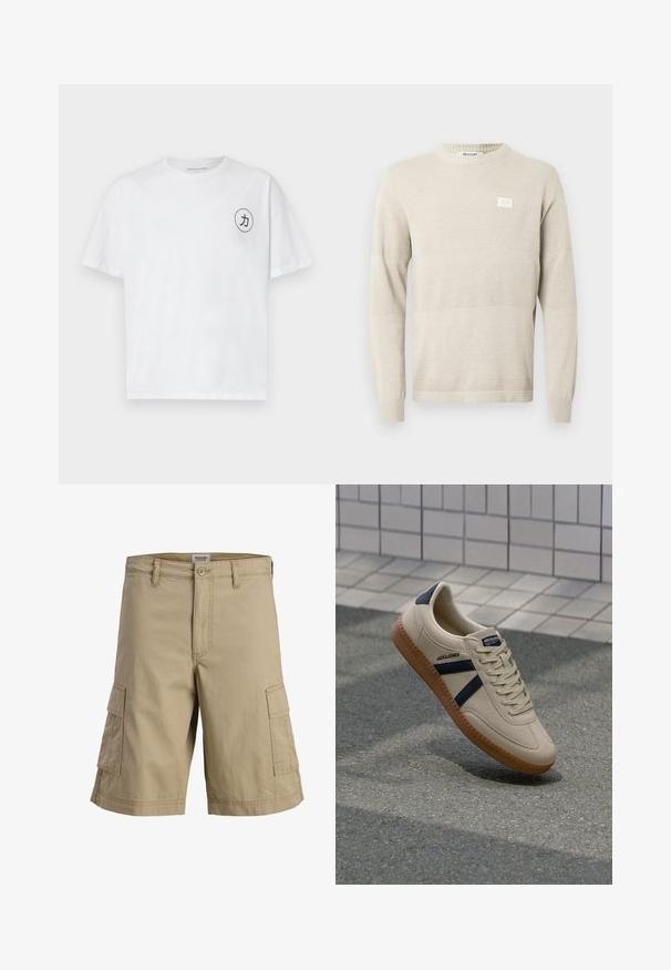 Lysebeige strikket sweater med strukturerede mønstre, lange ærmer og rund hals. Har et lille mærke på brystet.; Hvid bomulds t-shirt med rund halsudskæring, korte ærmer og et cirkulært sort grafisk motiv med en karakter på venstre bryst.; Beige cargoshorts i knælængde med knap- og lynlåslukning foran samt to sidelommer med klap.; Beige sneaker med struktureret overflade, marineblå striber og gummisål. Har en polstret tunge og traditionelt snørresystem for en sikker pasform.