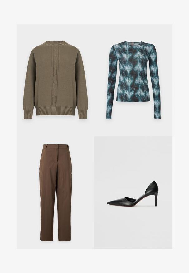 Olivengrøn strikket sweater med rund hals, ribstrikkede ærmekanter og kant forneden, med et centralt kabelstrikket mønster ned foran.; Langærmet tætsiddende top med rund hals, prydet med abstrakt penselstrøgsmønster i teal, sort og hvid.; Brune bukser med lige ben, bæltestropper og forlukning foran, vist mod en ensartet lys baggrund.; Sorte læder højhælede pumps med spidse tæer, åbne sider og en slank silhuet. Har en tynd hæl og rød sål som accent.