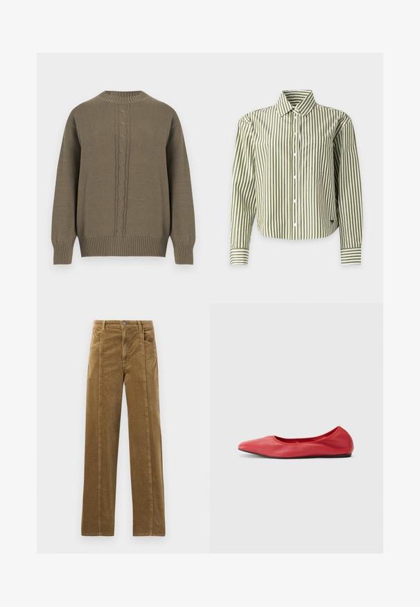 Olivengrøn strikket sweater med rund hals, ribstrikkede ærmekanter og kant forneden, med et centralt kabelstrikket mønster ned foran.; Langærmet skjorte med knapper, med lodrette olivengrønne og hvide striber, brystlomme og spids krave på ensfarvet baggrund.; Brune kordfløjspants med lige ben design, der har forlommer og synlige sømme langs kanterne. Tekstileret stof med smalle ribber.; Filippa K REY FLATS - Ballerinasko - bright red
