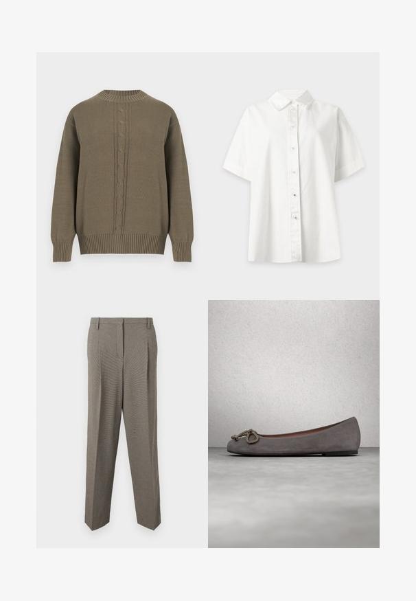 Pull en maille vert olive avec col rond, poignets et ourlet côtelés, présentant un motif torsadé central sur le devant.; Chemise blanche à manches courtes avec boutons et col pointu, présentée sur un fond gris clair.; Pantalons taillés gris en tissu texturé, design à jambe droite, deux poches avant et une taille lisse.; Ballerines en daim gris avec un bout arrondi, un nœud en corde comme accent et une bordure contrastante subtile le long du bord. Semelle plate et flexible.