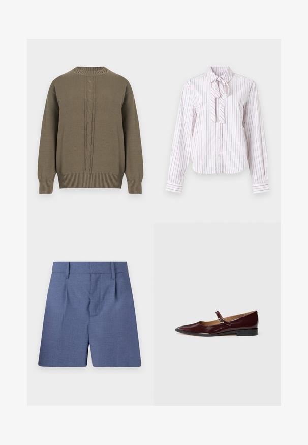 Olivengrøn strikket sweater med rund hals, ribstrikkede ærmekanter og kant forneden, med et centralt kabelstrikket mønster ned foran.; Langærmet skjorte i hvid med pink lodrette striber, med en sløjfe-krave, knaplukning og struktureret pasform.; Blå skræddersyede shorts med bæltesløjfer, forstykker og en skjult lukning foran, vist mod en hvid baggrund.; Bordeaux patentlæder Mary Jane flade sko med spids tå, flad hæl og en dekorativ rem med en cirkulær spændeaccent.