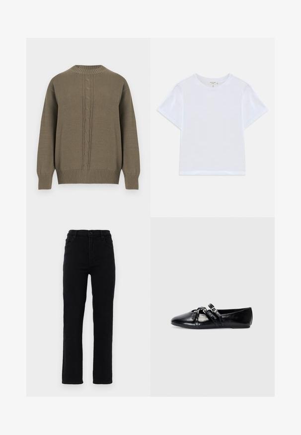 Pull en maille vert olive avec col rond, poignets et ourlet côtelés, présentant un motif torsadé central sur le devant.; T-shirt blanc court en coton doux, avec un col rond et des manches courtes, d'ajustement légèrement décontracté. Pas de motifs ni d'accents.; Jeans en denim noir avec des jambes droites, une taille mi-haute et cinq poches. Comprend une fermeture à bouton à l'avant et des passants de ceinture.; Ballerines en cuir noir avec un bout pointu, deux brides décoratives avec des boucles en argent, et une texture lisse et brillante.
