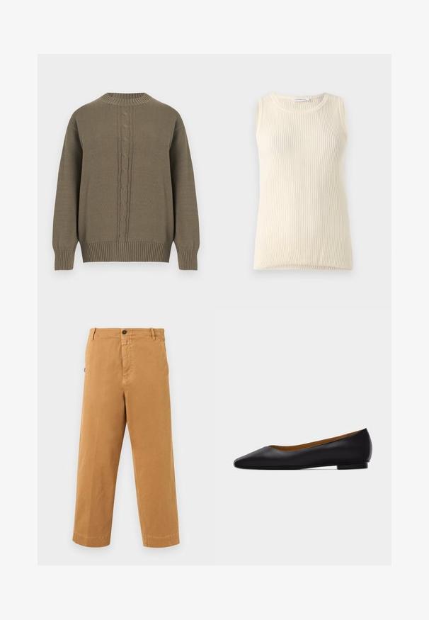 Pull en maille vert olive avec col rond, poignets et ourlet côtelés, présentant un motif torsadé central sur le devant.; Haut sans manches crème avec une texture côtelée et un col rond. Le tissu semble doux, avec une coupe ajustée et sans motifs ni accents visibles.; Pantalon décontracté marron à jambes droites avec passants pour ceinture, fermeture par bouton et poches latérales sur fond blanc.; Chaussure plate en cuir noir à bout pointu avec talon bas et finition lisse, vue de côté sur un fond gris clair.