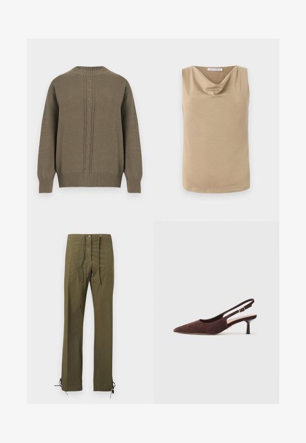 Olivengrøn strikket sweater med rund hals, ribstrikkede ærmekanter og kant forneden, med et centralt kabelstrikket mønster ned foran.; Beige ærmeløs bluse med draperet halsudskæring og lige kant, lavet af glat stof, mærket Tiger of Sweden inde i kraven.; Olivengrønne bomuldsbukser med afslappet pasform, forreste folder, snøre i taljen og justerbare bånd ved buksekanterne til tilpasning.; Brune ruskinds slingback sko med spids tå og en slank hæl. Har en justerbar rem med en metalspænde.