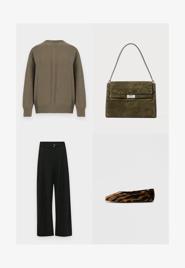Olivengrøn strikket sweater med rund hals, ribstrikkede ærmekanter og kant forneden, med et centralt kabelstrikket mønster ned foran.; Sorte buks med brede ben fremstillet af et glat materiale, med et bælte med en sølvfarvet spænde, folder foran og en lige kant.; Faux fur balletflade med et brunt og sort stribet mønster, rund tå og flad sål. Blød tekstur og elegant design.; Grøn semsket håndtaske med rektangulær form, sølvfarvet hardware-lås og en slank skulderrem. Har en foldet klaff og en subtil tekstur.