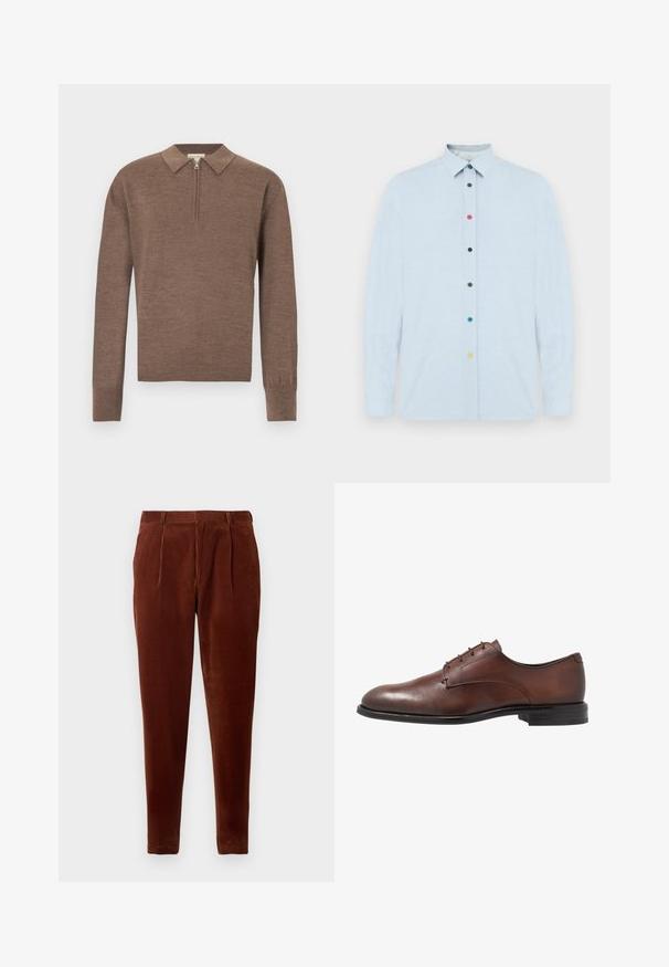 Brun langærmet strikket sweater med spids krave og kort forreste lynlås på en ensartet hvid baggrund.; Lyseblå langærmet skjorte lavet af blødt stof, med krave med knapper og seks flerfarvede knapper foran.; Brune corduroy bukser med lige pasform, featuring frontfolder, to sidelommer og en glat tekstur. Velegnet til afslappet brug.; Brune læder dress sko med en glat finish, rund tå, fire snørehuller og en lav sort gummihæl. Enkel design uden mønstre.