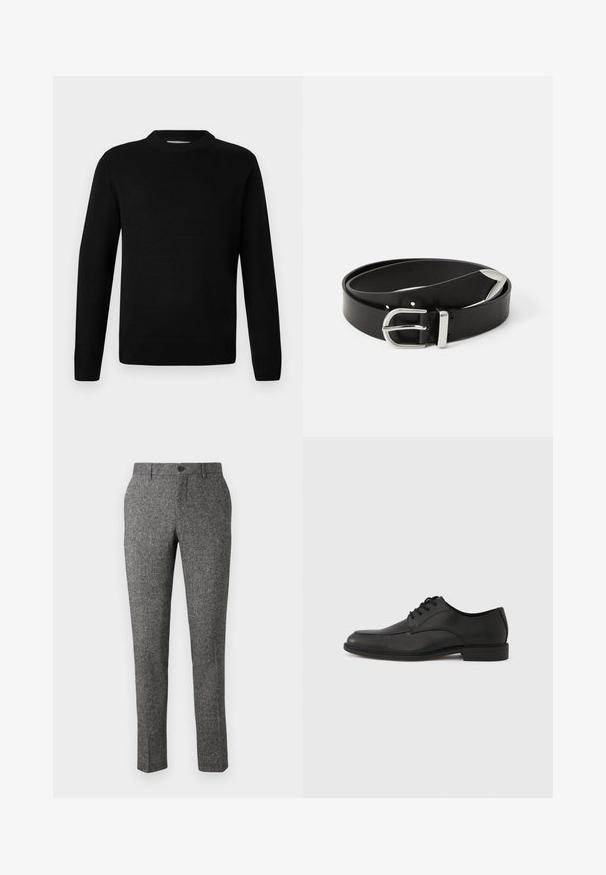 Schwarzer langärmeliger Rundhalsausschnitt-Strickpullover mit gerippten Bündchen und Saum, auf einem schlichten hellen Hintergrund präsentiert.; Lindbergh PANTS - Stoffhose - brown; Schwarzer Schnürschuh aus Leder mit glatter Oberfläche, abgerundeter Zehenkappe und niedrigem Gummihacken. Verfügt über dezente Nahtdetails am Obermaterial.; Schwarzer Ledergürtel mit einer silbernen Metallschnalle, die ein klassisches Design und eine glatte Textur aufweist. Mit Löchern für eine verstellbare Passform.
