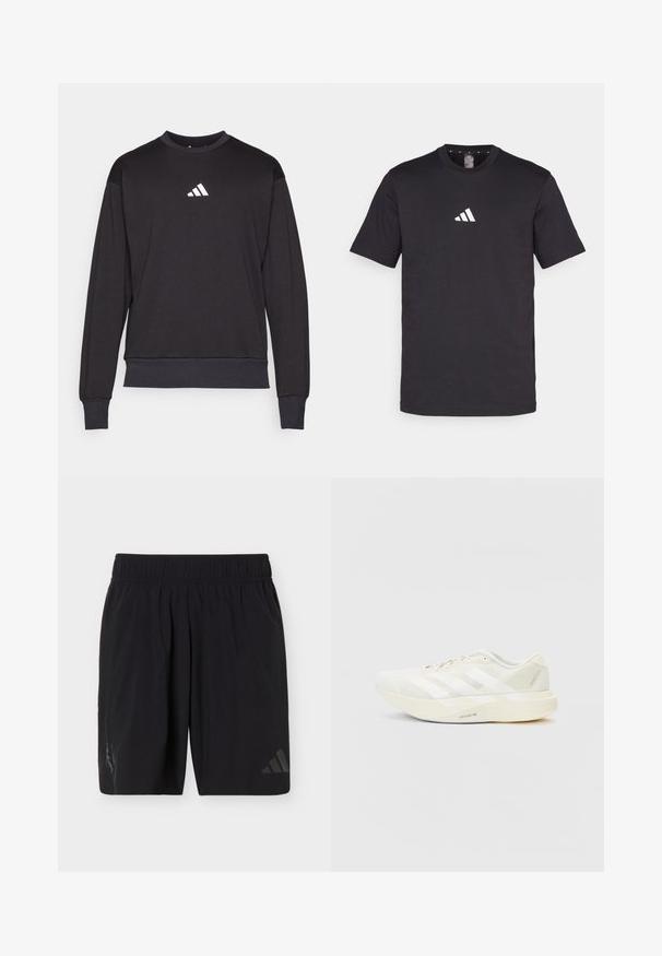 Sweat-shirt noir à manches longues, avec des bords-côtes aux poignets et à l'ourlet ; présente un logo Adidas blanc sur la poitrine, fabriqué en tissu doux et texturé.; T-shirt en coton noir à manches courtes, avec un logo Adidas blanc sur la poitrine. Design classique à col rond.; Shorts de sport noirs avec taille élastique, arborant un logo Adidas discret sur la jambe droite et un emblème d'équipe sur la jambe gauche.; Baskets blanches avec tige en mesh, présentant trois bandes blanches, un bout rond et une semelle claire étiquetée "LIGHTSTRIKE PRO."