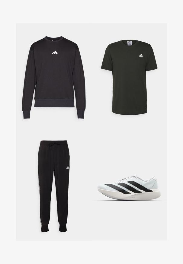Sudadera negra con mangas largas, puños y dobladillo acanalados; presenta un logo blanco de Adidas en el pecho, fabricada en una suave tela texturizada.; Camiseta de algodón negra, con cuello redondo, mangas cortas, presenta un logo blanco de Adidas en la parte superior izquierda del pecho. Diseño simple y sólido.; Pantalones deportivos negros de tela suave, con cintura ajustable mediante cordón y franjas laterales blancas. Puños elásticos en los tobillos.; Zapatilla de correr blanca con tres grandes rayas negras en el lateral y una suela curva y gruesa etiquetada como Lightstrike Pro.