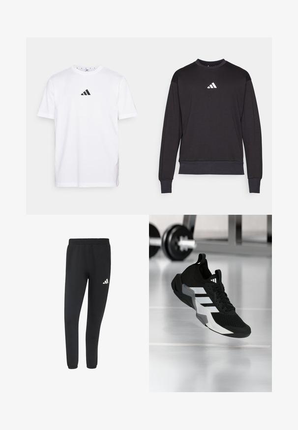 Zwarte sweatshirt met lange mouwen, geribbelde manchetten en zoom; voorzien van een wit Adidas-logo op de borst, gemaakt van zachte, gestructureerde stof.; Witte katoenen T-shirt met een klein zwart driehoekig logo op de borst, korte mouwen en een ronde halslijn. Eenvoudig en klassiek ontwerp.; Zwarte atletische joggerbroek met elastische tailleband en boorden, met een klein wit Adidas-logo op de rechterdij.; Zwart sportief schoen met een mesh bovenwerk, witte strepen en grijze accenten. Voorzien van een gevoerde kraag en een rubberen zool. Geschikt voor gebruik in de sportschool.