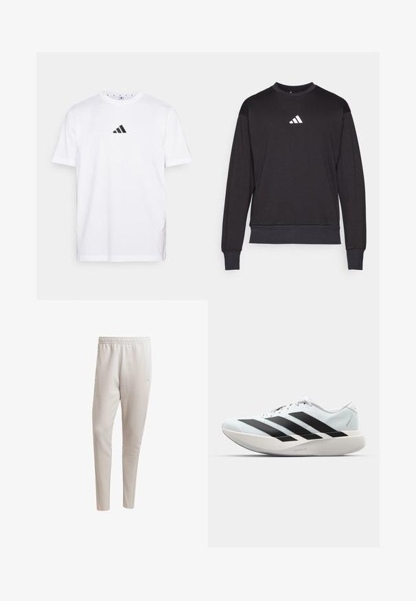 Zwarte sweatshirt met lange mouwen, geribbelde manchetten en zoom; voorzien van een wit Adidas-logo op de borst, gemaakt van zachte, gestructureerde stof.; Witte katoenen T-shirt met een klein zwart driehoekig logo op de borst, korte mouwen en een ronde halslijn. Eenvoudig en klassiek ontwerp.; Lichtbeige joggerbroeken van zacht materiaal, met een elastische tailleband, zijzakken en een taps toelopend ontwerp.; Witte hardloopschoen met drie grote zwarte strepen aan de zijkant en een dikke, gebogen zool met het label Lightstrike Pro.