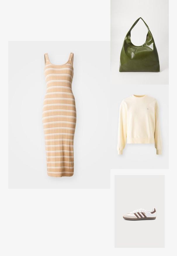 Sweatshirt jaune clair avec des manches longues, un col rond, des poignets côtelés et un petit logo sur la poitrine. Fabriqué à partir d'un tissu doux et texturé.; Robe midi en tricot de couleur beige avec des rayures blanches, présentant un design ajusté, sans manches et une texture côtelée.; Baskets blanches Adidas Samba avec des bandes en daim marron, un bout en daim marron et une semelle en gomme sur fond gris clair.; Sac hobo en cuir vert au design décontracté, avec une poignée incurvée et une texture lisse. Ne contient aucun matériel ou accent visible.