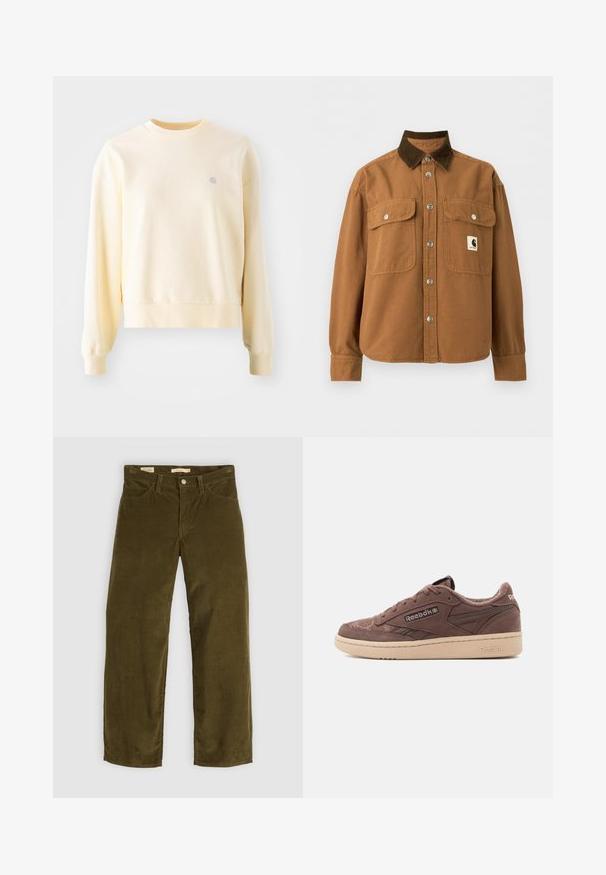 Sweatshirt jaune clair avec des manches longues, un col rond, des poignets côtelés et un petit logo sur la poitrine. Fabriqué à partir d'un tissu doux et texturé.; Veste boutonnée marron avec col en velours côtelé brun foncé, deux poches à rabat à l'avant avec boutons-pression argentés et une petite étiquette logo rectangulaire sur la poitrine.; Pantalons en velours côtelé vert olive avec une coupe droite, dotés de poches avant et d'une fermeture à boutons, affichant une texture à côtes verticales.; Baskets Reebok basses en daim marron avec semelle en caoutchouc beige, fermeture à lacets et logo de la marque sur le côté et le talon, vues de profil gauche.