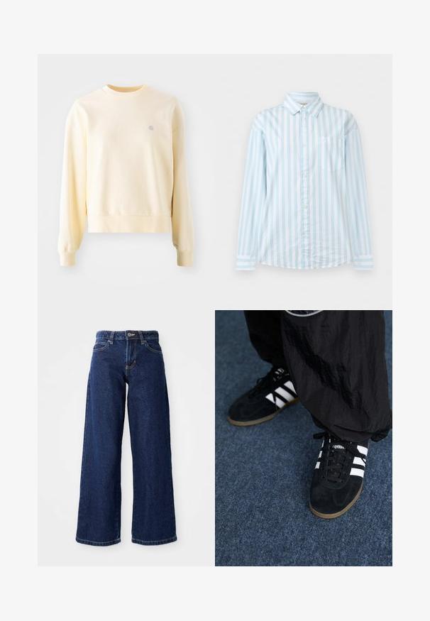 Lys gul sweatshirt med lange ærmer, rund halsudskæring, ribbede manchetter og et lille logo på brystet. Fremstillet af blødt, struktureret stof.; Lyseblå og hvide vertikalt stribede skjorte med lange ærmer, knapper foran, brystlomme og klassisk krave.; Mørkeblå vide jeans lavet af denim, med knap- og lynlåslukning, bæltesløjfer og klassisk fem-lomme design.; Sorte suedetrainingssko med tre hvide striber og sorte snørebånd. Et tekstureret sort bukser er delvist synligt ved siden af skoene.
