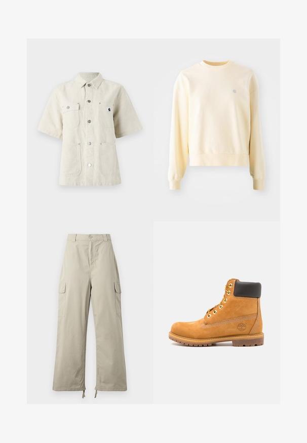 Lys gul sweatshirt med lange ærmer, rund halsudskæring, ribbede manchetter og et lille logo på brystet. Fremstillet af blødt, struktureret stof.; Kortærmet skjorte i lys beige stof, med spidse kraver, frontknapper, to brystlommer og et lille logomærke på venstre side.; Lys beige cargo bukser med en afslappet pasform, der har knaplukning, sidelommer og justerbar kant med snore. Glat stoftekstur.; Brune læder ankelstøvle med sort polstring, gyldne øsken og en tekstureret sål. Har et cirkulært logo på siden og synlige syninger.