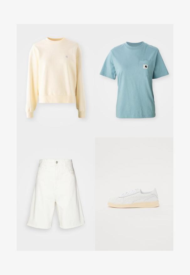 Sweatshirt jaune clair avec des manches longues, un col rond, des poignets côtelés et un petit logo sur la poitrine. Fabriqué à partir d'un tissu doux et texturé.; T-shirt en coton léger bleu clair à manches courtes avec poche poitrine affichant un petit patch logo Carhartt noir et blanc.; Shorts en denim blanc taille haute, dotés d'une fermeture à boutons à l'avant, de deux poches latérales et d'une coupe décontractée. Texture lisse sans motifs visibles.; Baskets avec une tige en synthétique blanc, design perforé, lacets plats et semelle en caoutchouc crème. Présente un logo sur le talon et le côté.