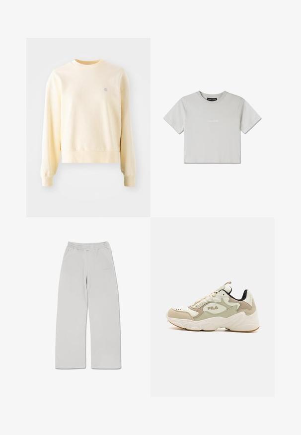 Lys gul sweatshirt med lange ærmer, rund halsudskæring, ribbede manchetter og et lille logo på brystet. Fremstillet af blødt, struktureret stof.; Lys grå cropped t-shirt med korte ærmer, udstyret med en rund halsudskæring og et lille hvidt "PEGADOR" logo på forsiden. Blødt bomuldsmateriale.; Lysegrå sweatpants lavet af blødt stof, med elastisk talje, to sidelommer og lige snit.; Lyse Fila sneakers med en chunky sål, der har beige og creme paneler, strukturerede detaljer og en sort hæl.